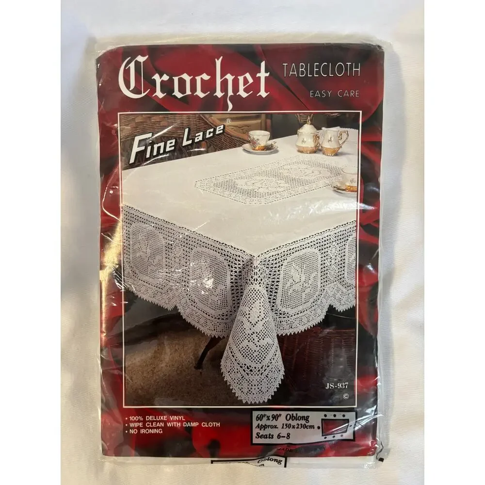 Vintage Crochet Table Cloth Vinyl Oblong 90